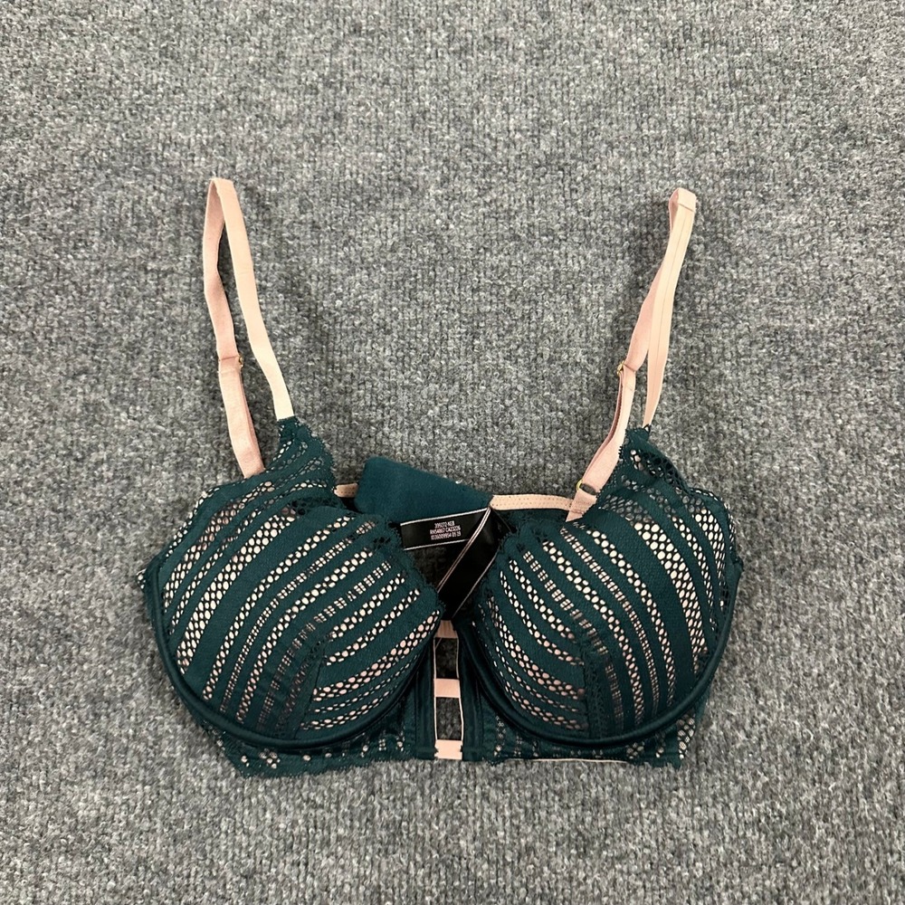 Victoria's Secret Bra Womens 32D Green Pink Lace Underwire Push Up Cage Detail